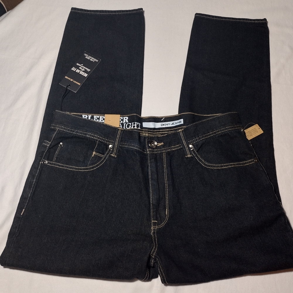 DKNY Bleeker Dark Blue Wash Regular Fit Low Rise Straight Leg Jeans - Picture 1 of 16